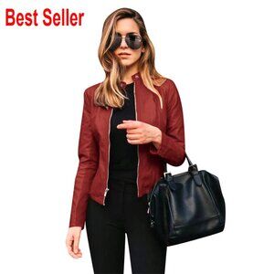 Plus Size Faux Leather Moto Jacket Slim Fit Biker Coat Zipper Closure